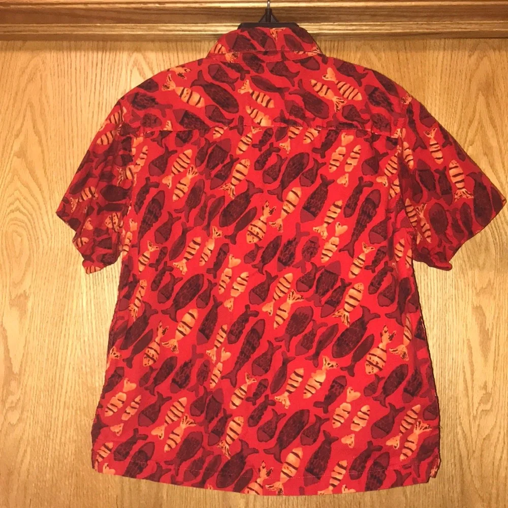Rare VINTAGE size 4 Gap red fish print poplin button down Hawaiian shirt EUC